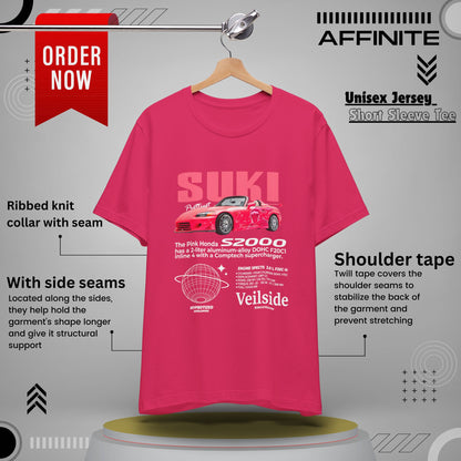 T-Shirt Unisex Graphic Tee - Suki's Pink Honda S2000 Design, Fast Car Anime T-Shirt, Retro Japanese by Bella+Canvas Fuchsia