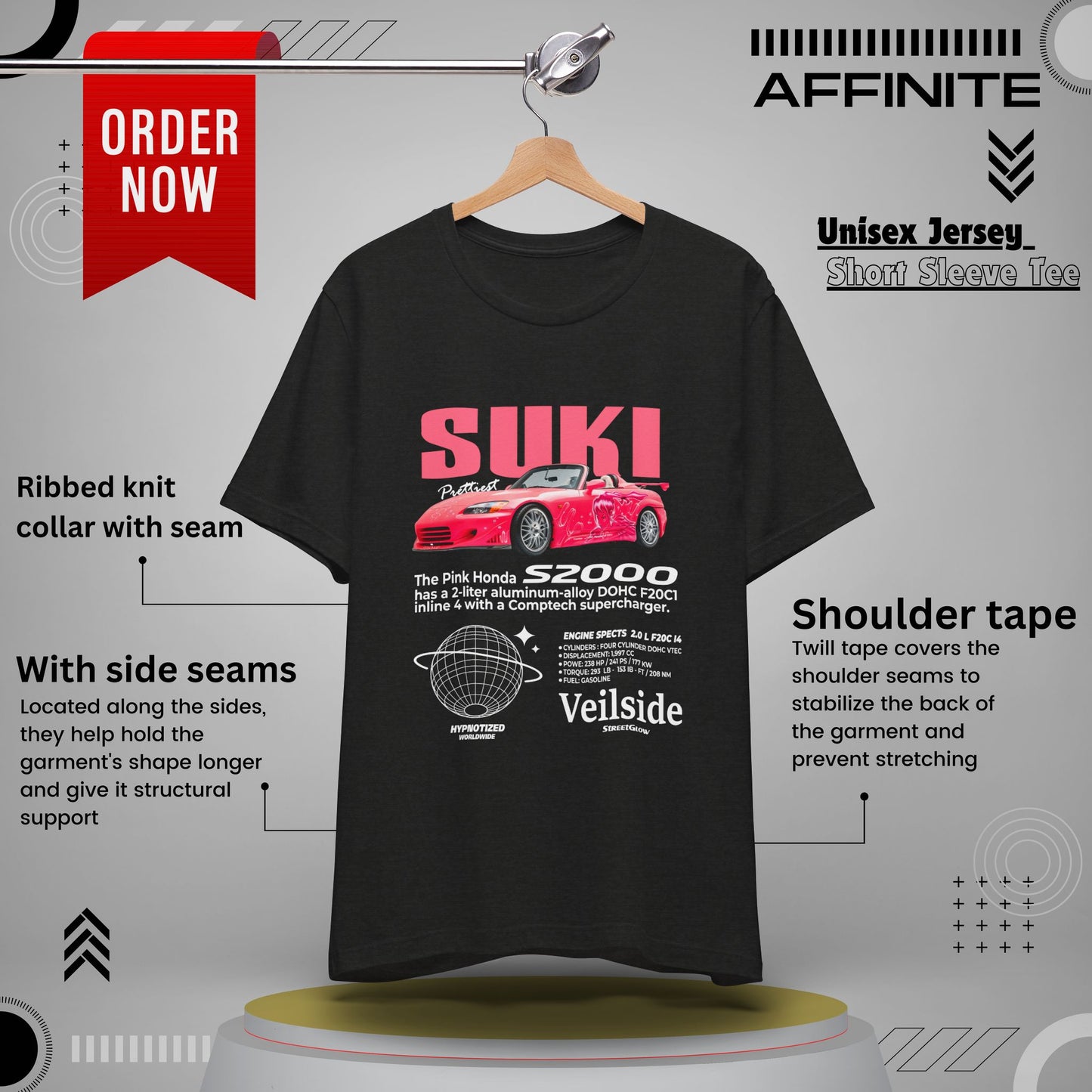 T-Shirt Unisex Graphic Tee - Suki's Pink Honda S2000 Design, Fast Car Anime T-Shirt, Retro Japanese by Bella+Canvas Black Heather