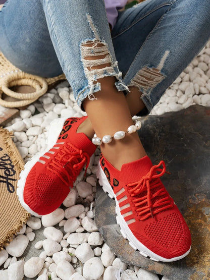 Mesh Athletic Shoes Cutout Leopard Lace Up Mesh Athletic Shoes – Leopard Athletic Shoes Red