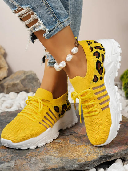Mesh Athletic Shoes Cutout Leopard Lace Up Mesh Athletic Shoes – Leopard Athletic Shoes Yellow