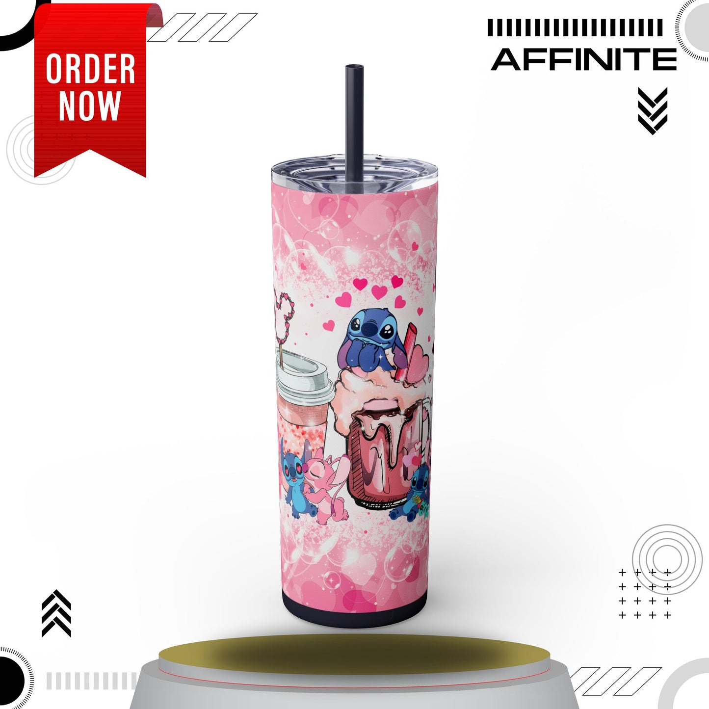 Tumblers Cute Stitch Cartoon Skinny Tumbler with Straw - 20oz - Pink Love Theme