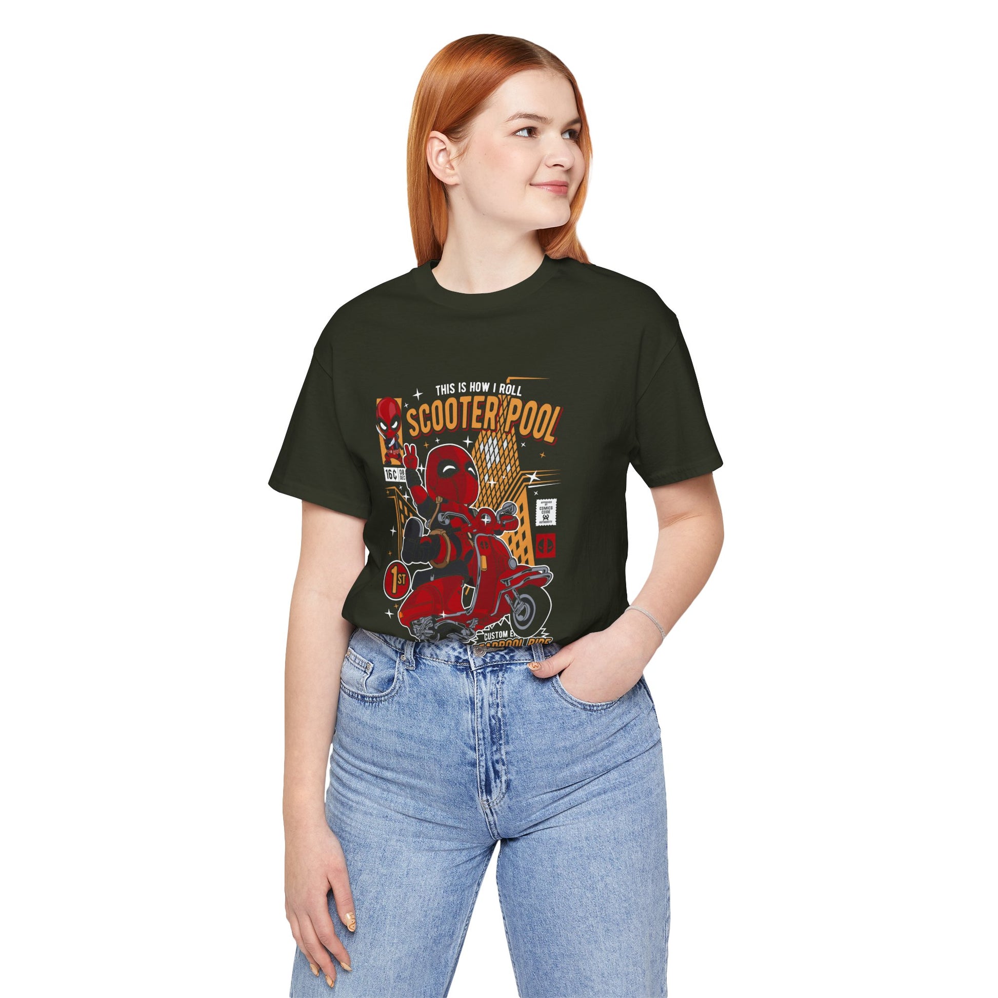T-Shirt Deadpool Scooter Short Sleeve Tee – Fun, Unisex Graphic T-Shirt for Fans
