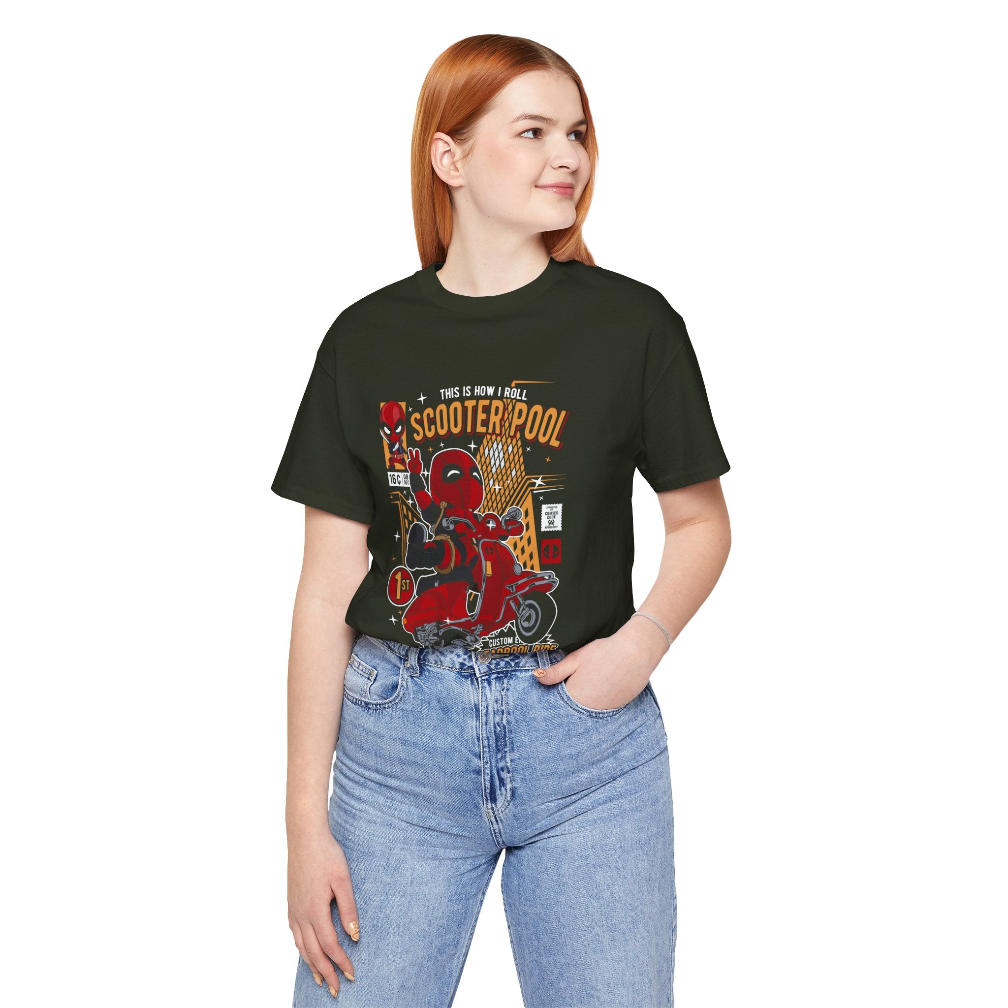 T-Shirt Deadpool Scooter Short Sleeve Tee – Fun, Unisex Graphic T-Shirt for Fans