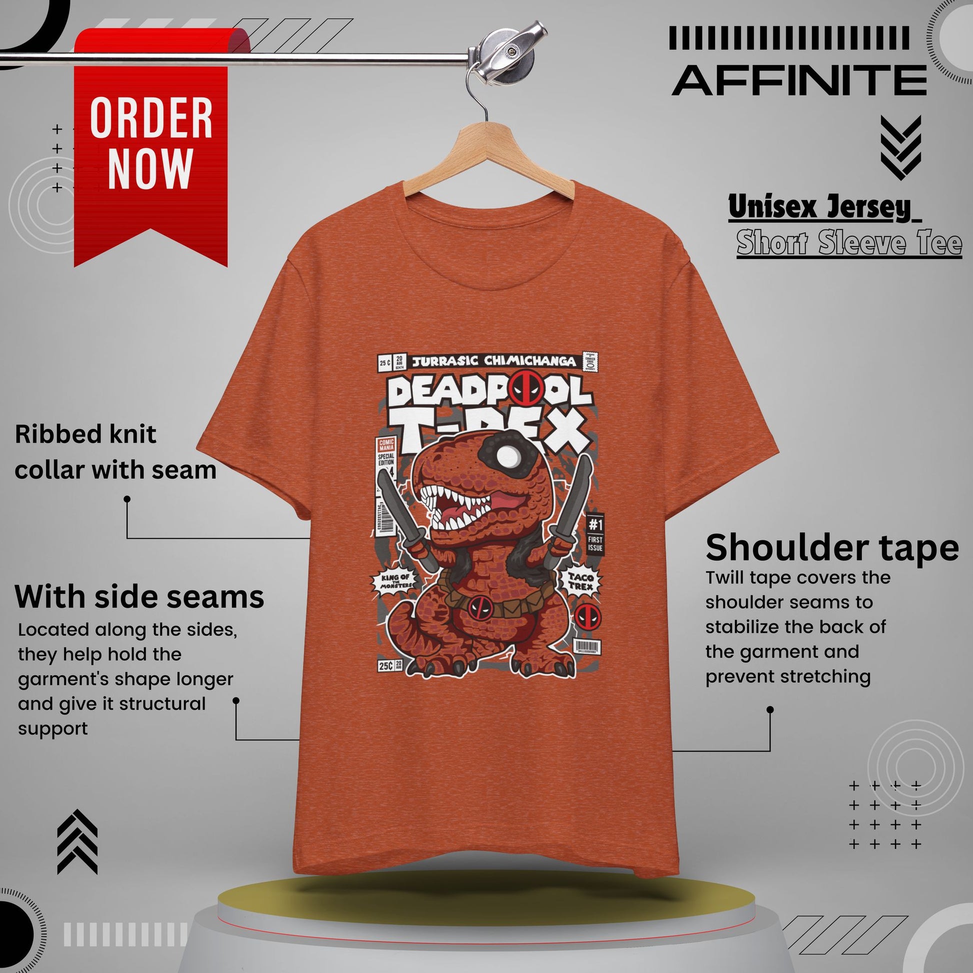 T-Shirt Deadpool T-Rex Unisex Jersey Tee - Fun Graphic T-Shirt for Comic Fans - Jurassic Chichanga Heather Autumn