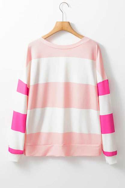 Long-sleeve Contrast Color Block Long Sleeve Top | Striped Round Neck Pullover