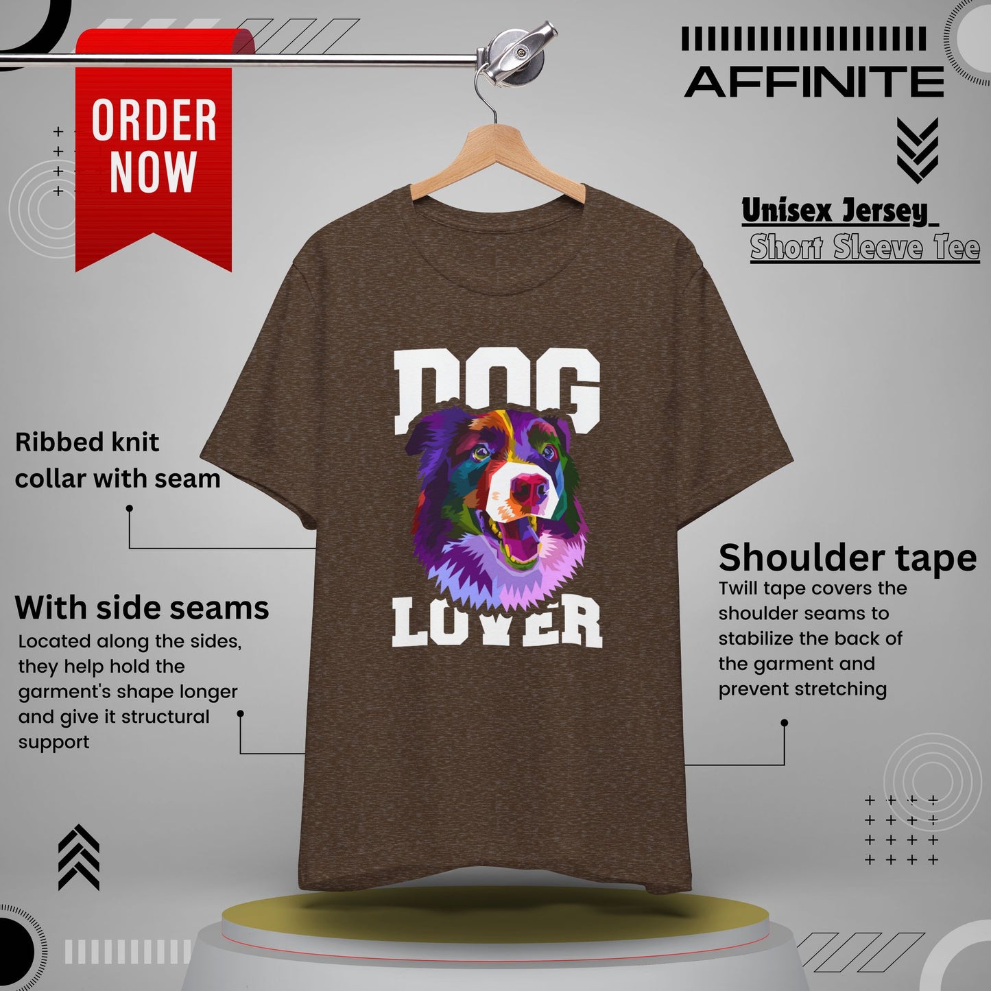 T-Shirt Unisex Dog Lover Shirt | Graphic T-Shirt with Dog Design and 'Dog Lover' Text Heather Brown