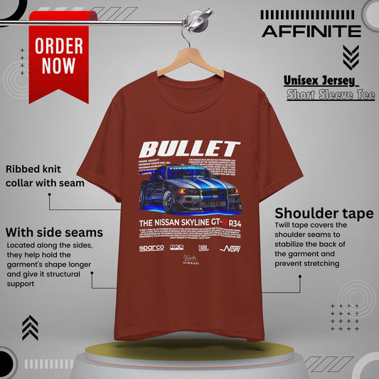 T-Shirt Nissan Skyline GT-R R34 Graphic Tee – Unisex Car Enthusiast T-Shirt – JDM Racing Gift for Him or Her Rust