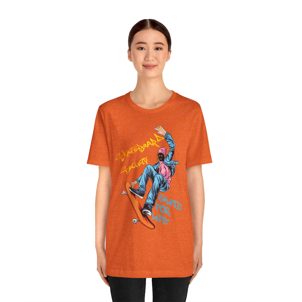 T-Shirt Skateboard Society Unisex Tee - Vibrant Orange Graphic T-Shirt for Skate Enthusiasts