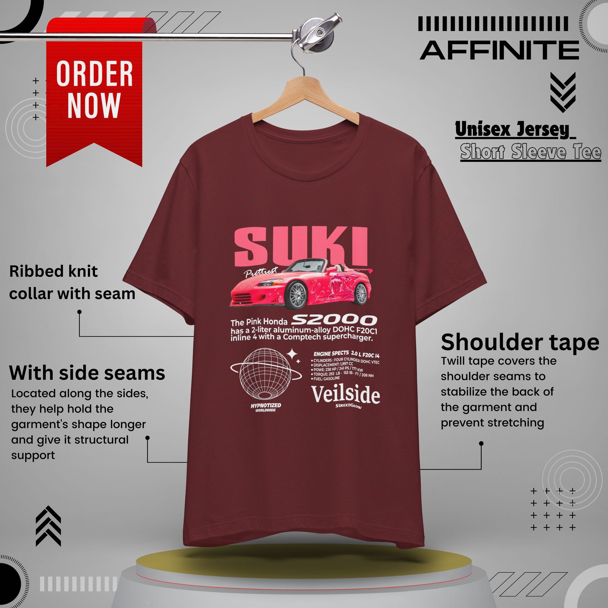 T-Shirt Unisex Graphic Tee - Suki's Pink Honda S2000 Design, Fast Car Anime T-Shirt, Retro Japanese by Bella+Canvas Heather Cardinal