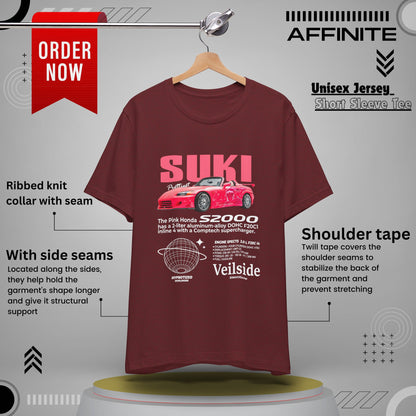 T-Shirt Unisex Graphic Tee - Suki's Pink Honda S2000 Design, Fast Car Anime T-Shirt, Retro Japanese by Bella+Canvas Heather Cardinal