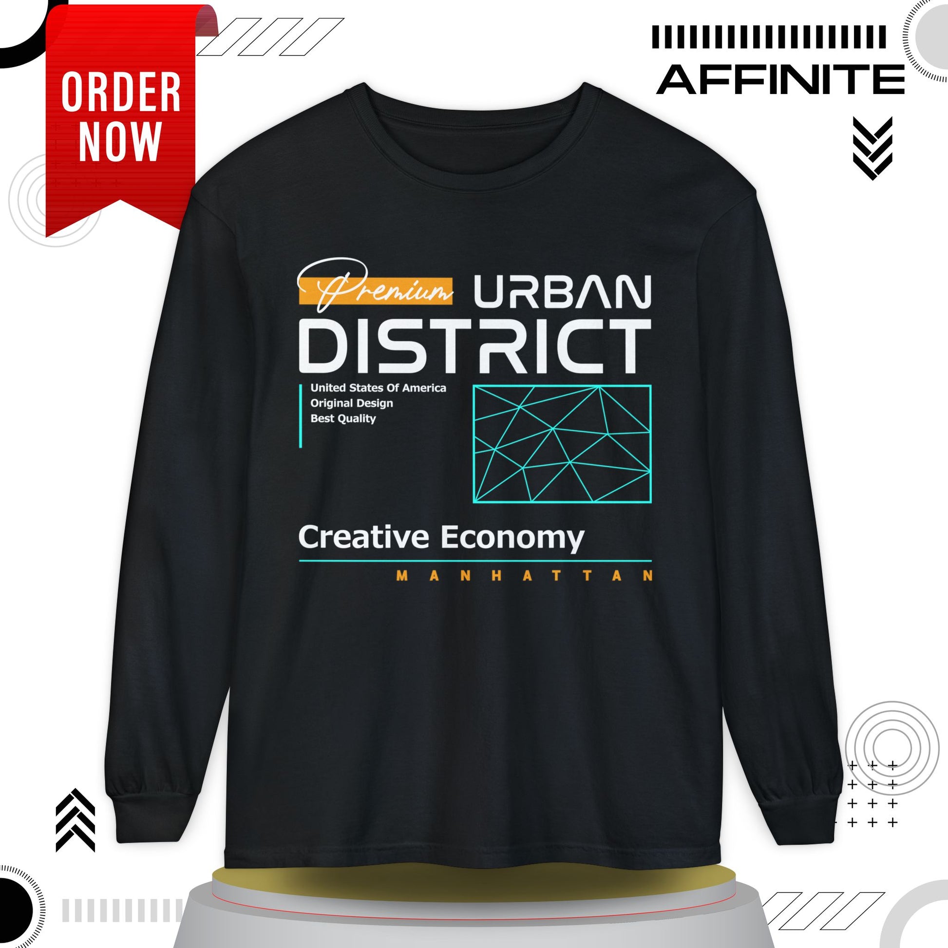 Long-sleeve Urban District Long Sleeve T-Shirt - Vintage Graphic Tee, Casual Wear, Creative Economy, Unisex Fashion, Gift for Art Lovers Black