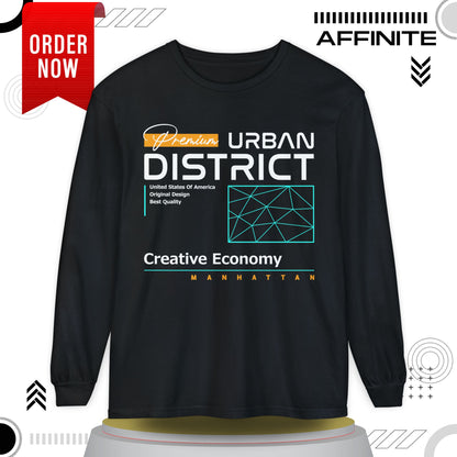 Long-sleeve Urban District Long Sleeve T-Shirt - Vintage Graphic Tee, Casual Wear, Creative Economy, Unisex Fashion, Gift for Art Lovers Black