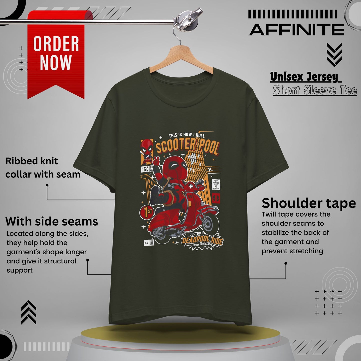 T-Shirt Deadpool Scooter Short Sleeve Tee – Fun, Unisex Graphic T-Shirt for Fans Dark Olive