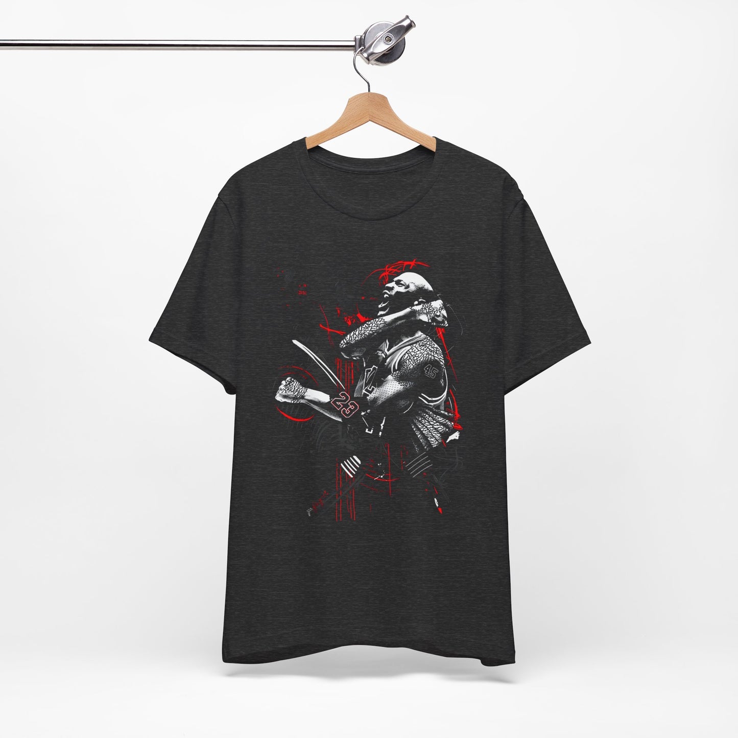 Black heather variant on hanger showing textured fabric and the Dark Warrior artwork