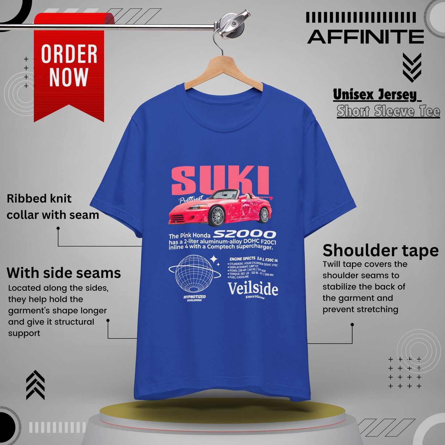 T-Shirt Unisex Graphic Tee - Suki's Pink Honda S2000 Design, Fast Car Anime T-Shirt, Retro Japanese by Bella+Canvas True Royal