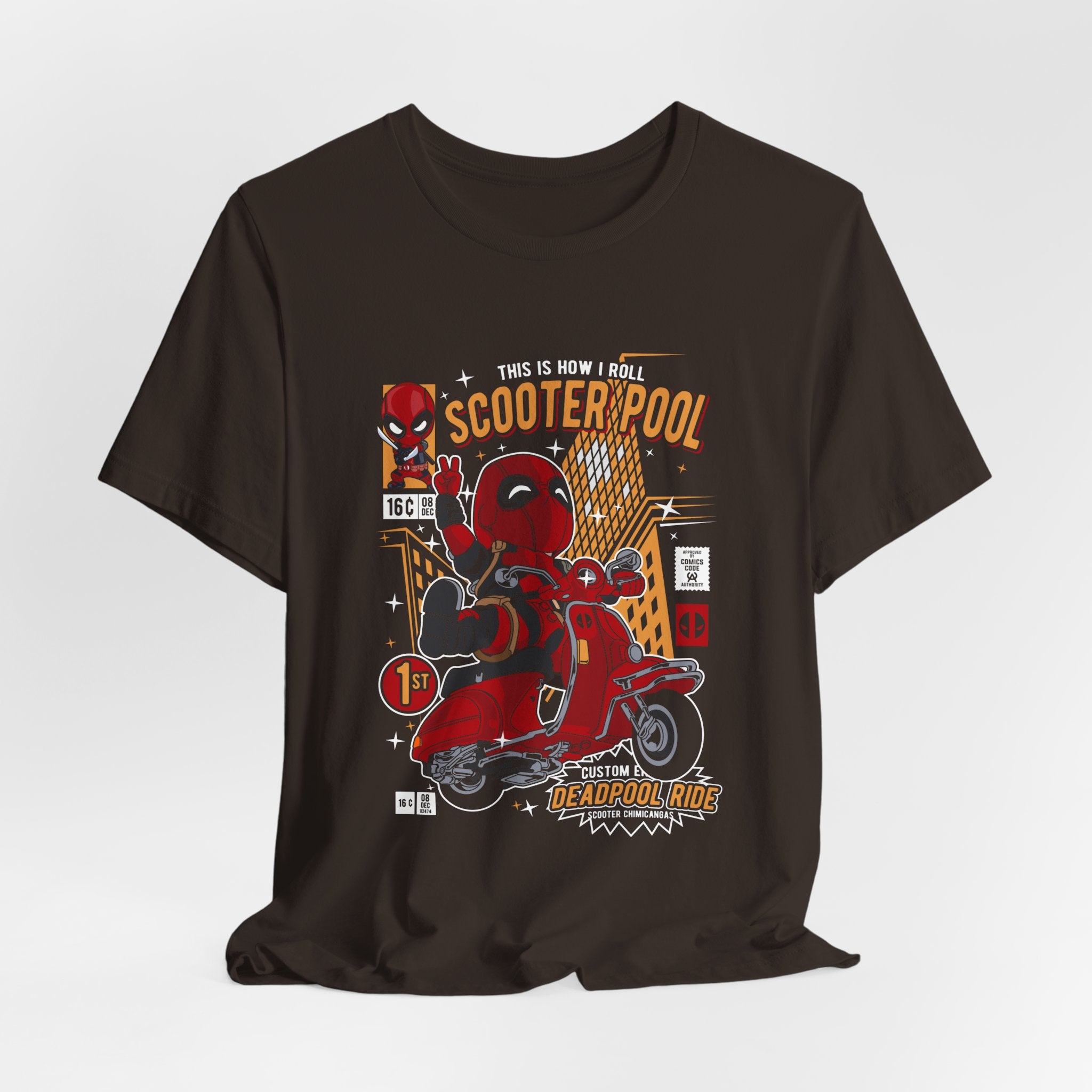 Deadpool Scooter Short Sleeve Tee – Fun, Unisex Graphic T-Shirt for Fans