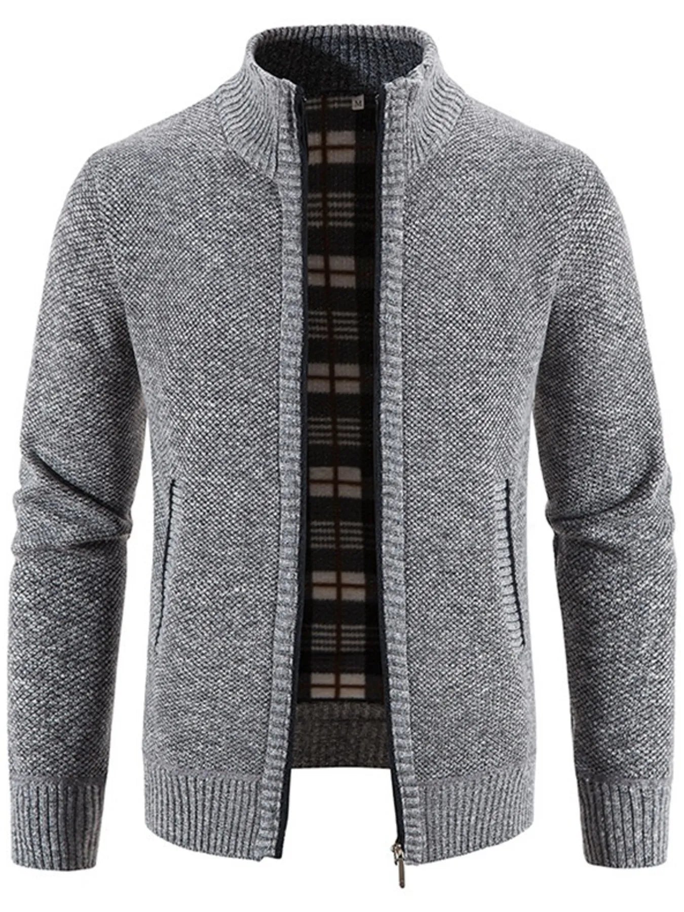 Men's Plus Size Zip-Up Sweater Cardigan with Stand Collar Gray Cardigan