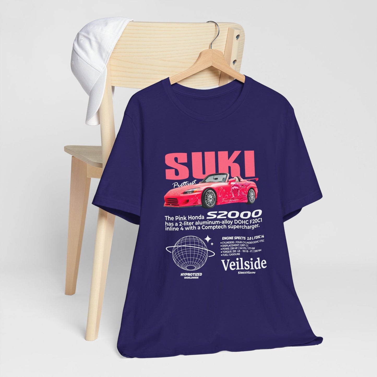 T-Shirt Unisex Graphic Tee - Suki's Pink Honda S2000 Design, Fast Car Anime T-Shirt, Retro Japanese by Bella+Canvas