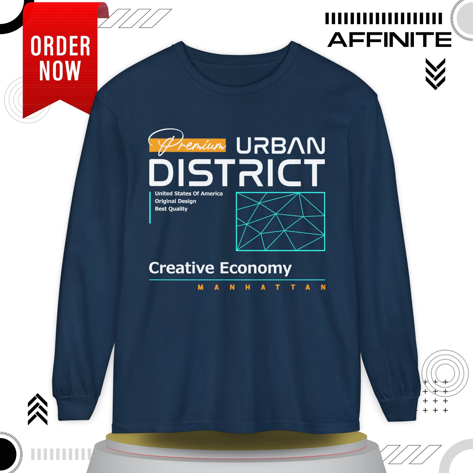 Long-sleeve Urban District Long Sleeve T-Shirt - Vintage Graphic Tee, Casual Wear, Creative Economy, Unisex Fashion, Gift for Art Lovers True Navy