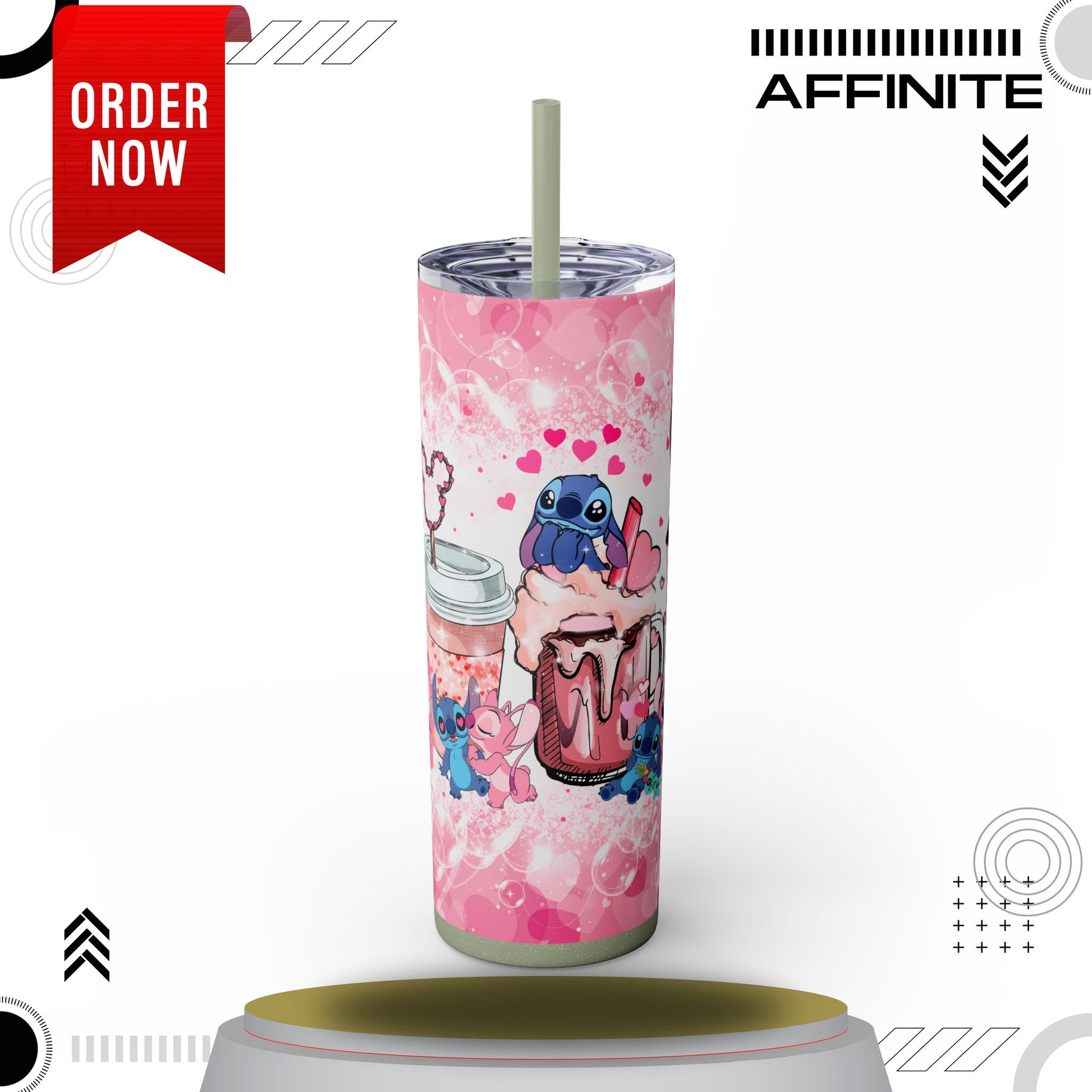 Tumblers Cute Stitch Cartoon Skinny Tumbler with Straw - 20oz - Pink Love Theme Glossy Glitter Seascape 20oz