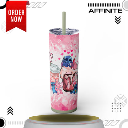 Tumblers Cute Stitch Cartoon Skinny Tumbler with Straw - 20oz - Pink Love Theme Glossy Glitter Seascape 20oz