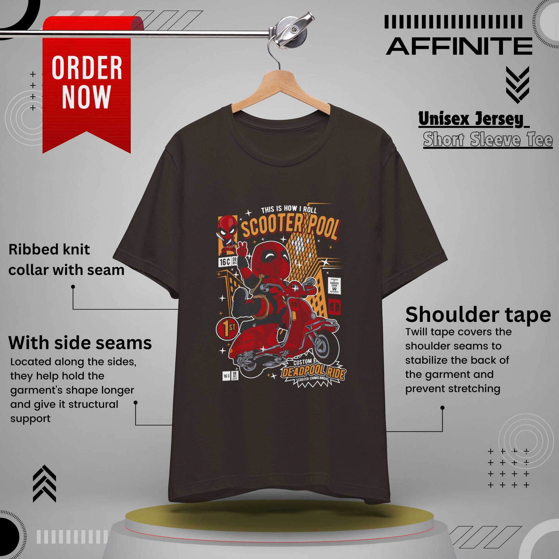 T-Shirt Deadpool Scooter Short Sleeve Tee – Fun, Unisex Graphic T-Shirt for Fans Brown