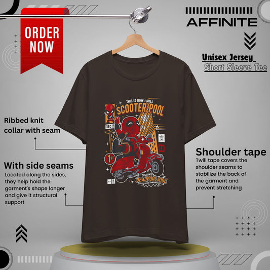 T-Shirt Deadpool Scooter Short Sleeve Tee – Fun, Unisex Graphic T-Shirt for Fans Brown