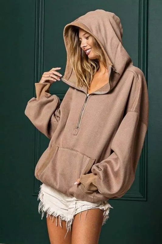 BiBi Stitch Detailed Elastic Hem Half Zip Fleece Hoodie Hoodie