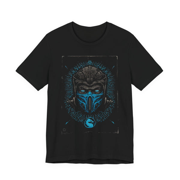 Flat front product shot of Epic Gamer Tee showing full Blue Flame Masked Warrior graphic centered on chest