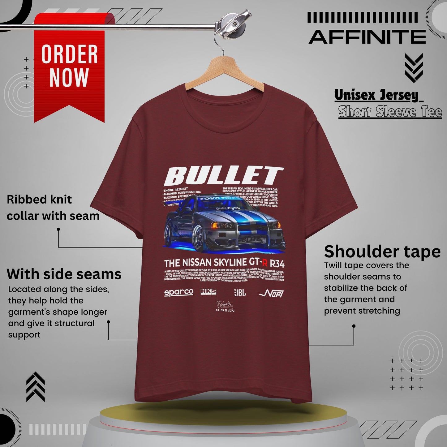 T-Shirt Nissan Skyline GT-R R34 Graphic Tee – Unisex Car Enthusiast T-Shirt – JDM Racing Gift for Him or Her Heather Cardinal
