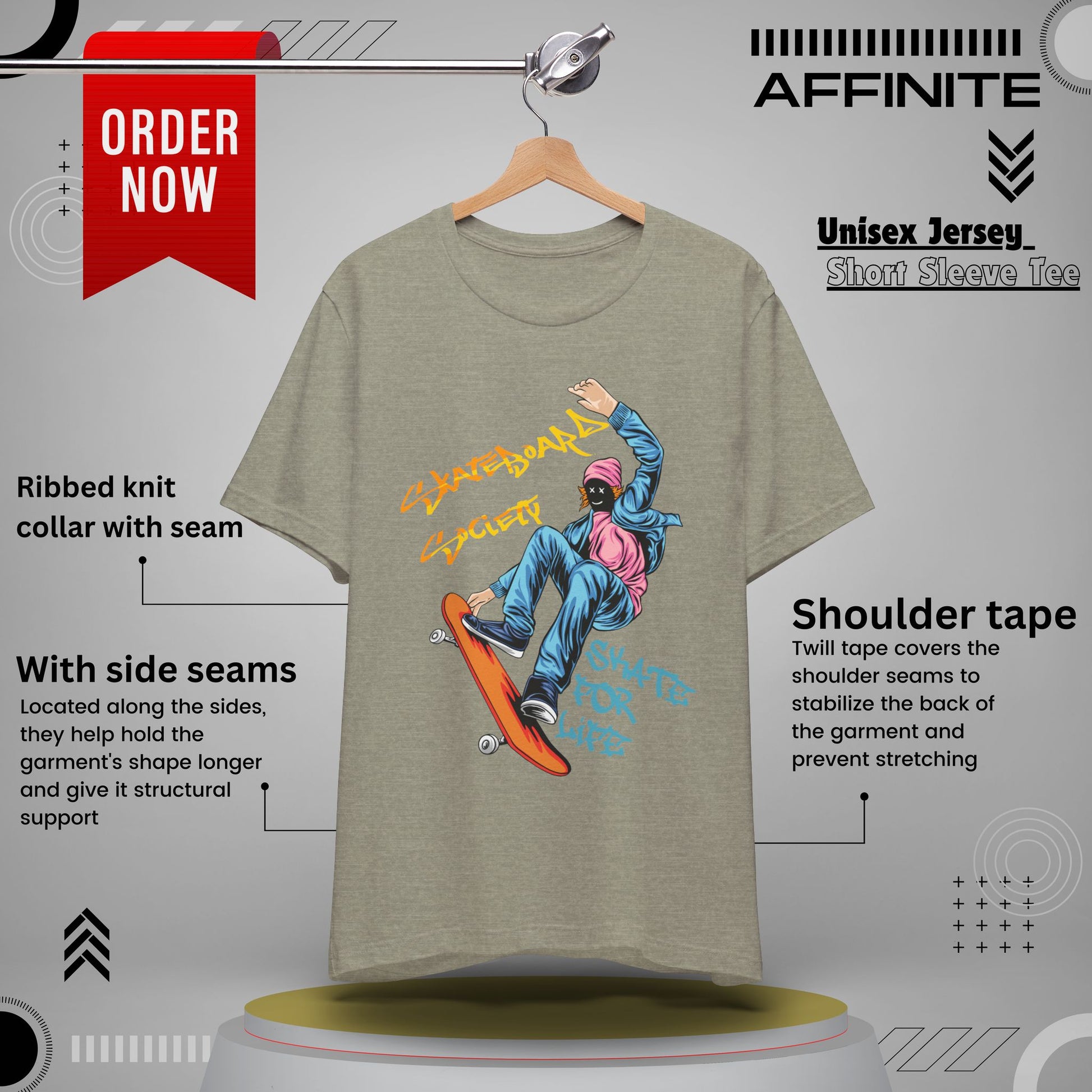 T-Shirt Skateboard Society Unisex Tee - Vibrant Orange Graphic T-Shirt for Skate Enthusiasts Heather Stone