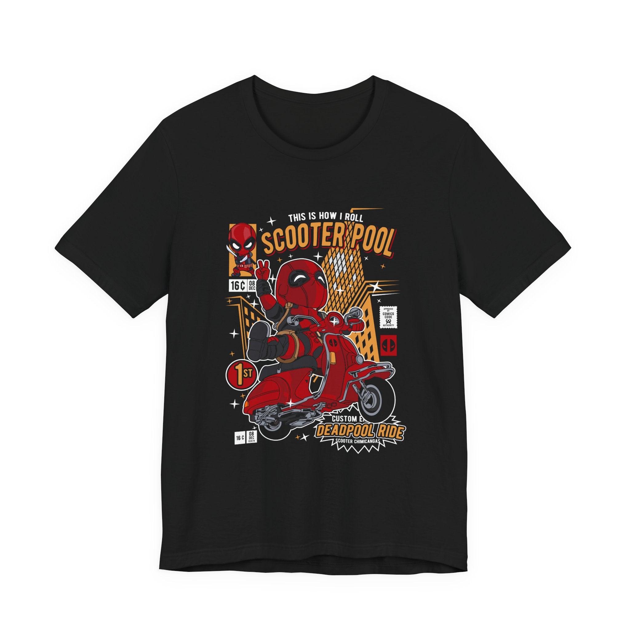 Deadpool Scooter Short Sleeve Tee – Fun, Unisex Graphic T-Shirt for Fans
