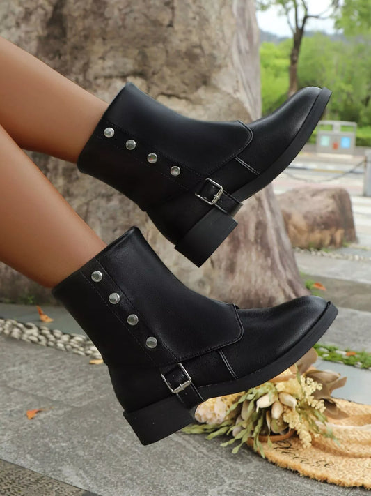 Boots Buckle Block Heels Boots | Women's Adjustable Strap Boots with Mid Heel