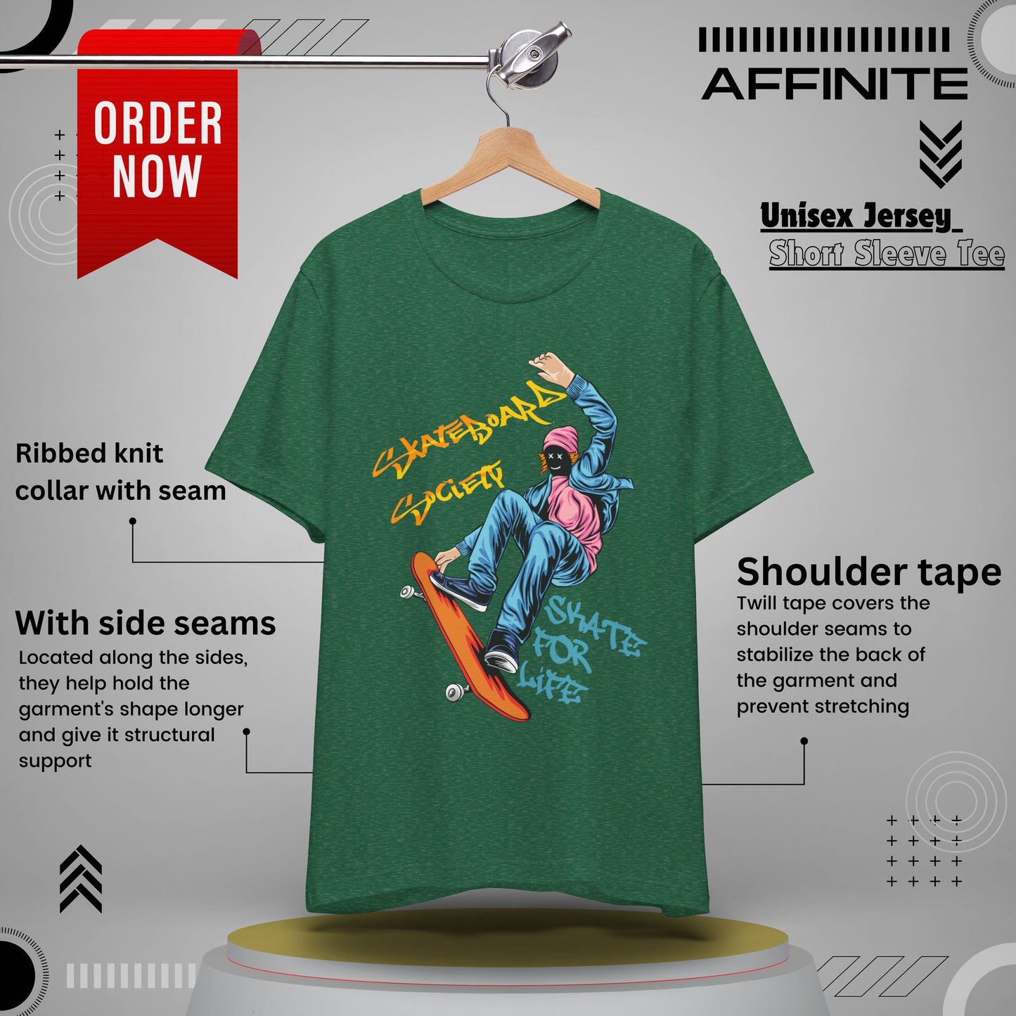 T-Shirt Skateboard Society Unisex Tee - Vibrant Orange Graphic T-Shirt for Skate Enthusiasts Heather Grass Green