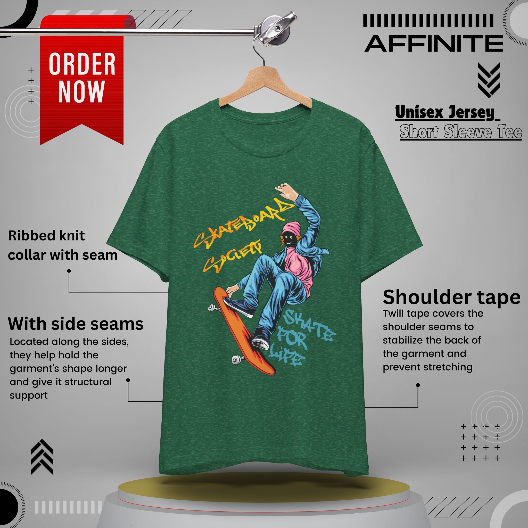 T-Shirt Skateboard Society Unisex Tee - Vibrant Orange Graphic T-Shirt for Skate Enthusiasts Heather Grass Green