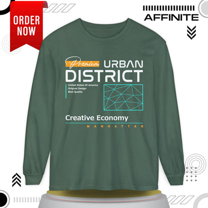 Long-sleeve Urban District Long Sleeve T-Shirt - Vintage Graphic Tee, Casual Wear, Creative Economy, Unisex Fashion, Gift for Art Lovers Blue Spruce