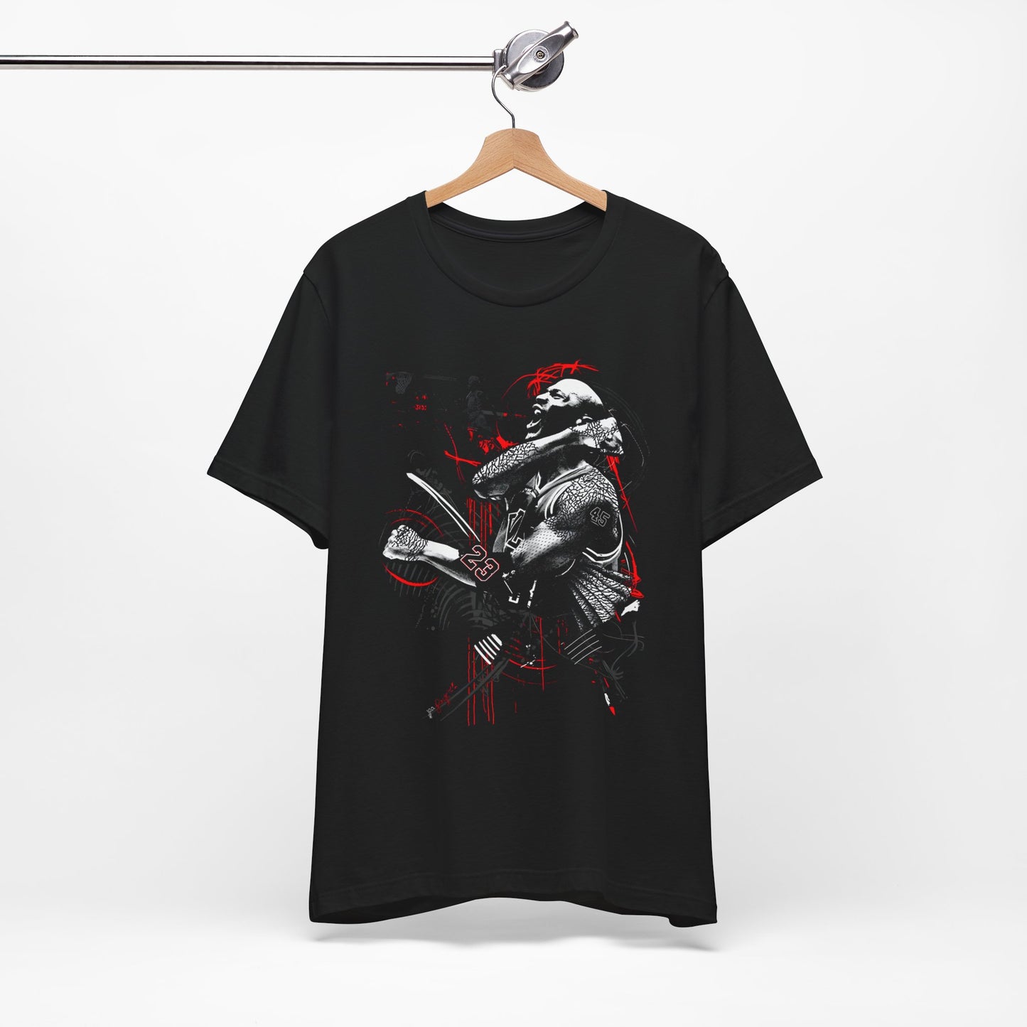 Black tee on wooden hanger showing the Dark Warrior graphic — muscular basketball-style figure shouting with red accent strokes and '23' on forearm