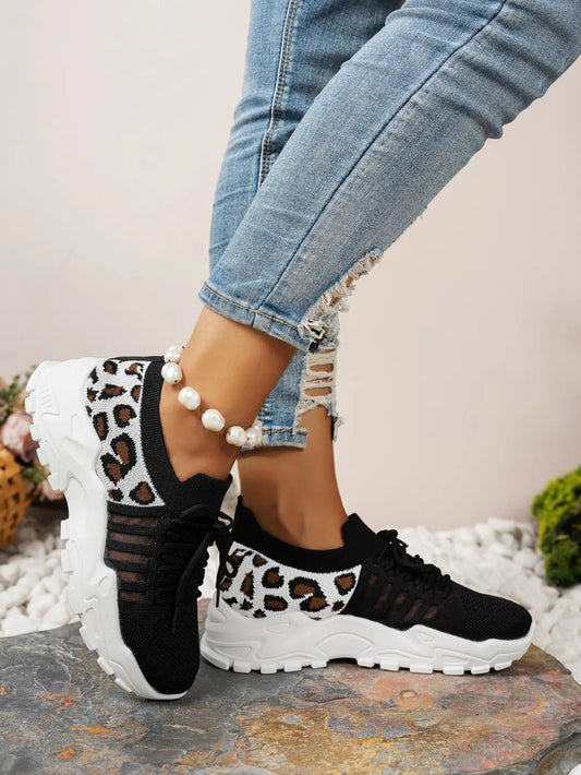 Mesh Athletic Shoes Cutout Leopard Lace Up Mesh Athletic Shoes – Leopard Athletic Shoes Black