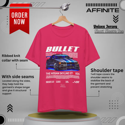 T-Shirt Nissan Skyline GT-R R34 Graphic Tee – Unisex Car Enthusiast T-Shirt – JDM Racing Gift for Him or Her Fuchsia