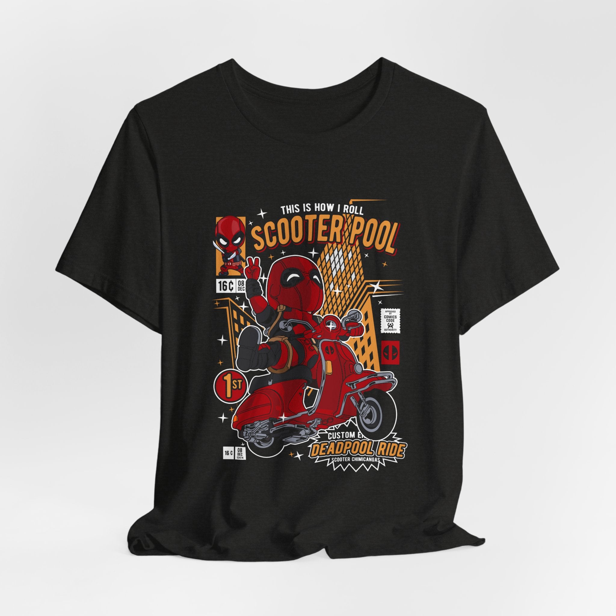 Deadpool Scooter Short Sleeve Tee – Fun, Unisex Graphic T-Shirt for Fans