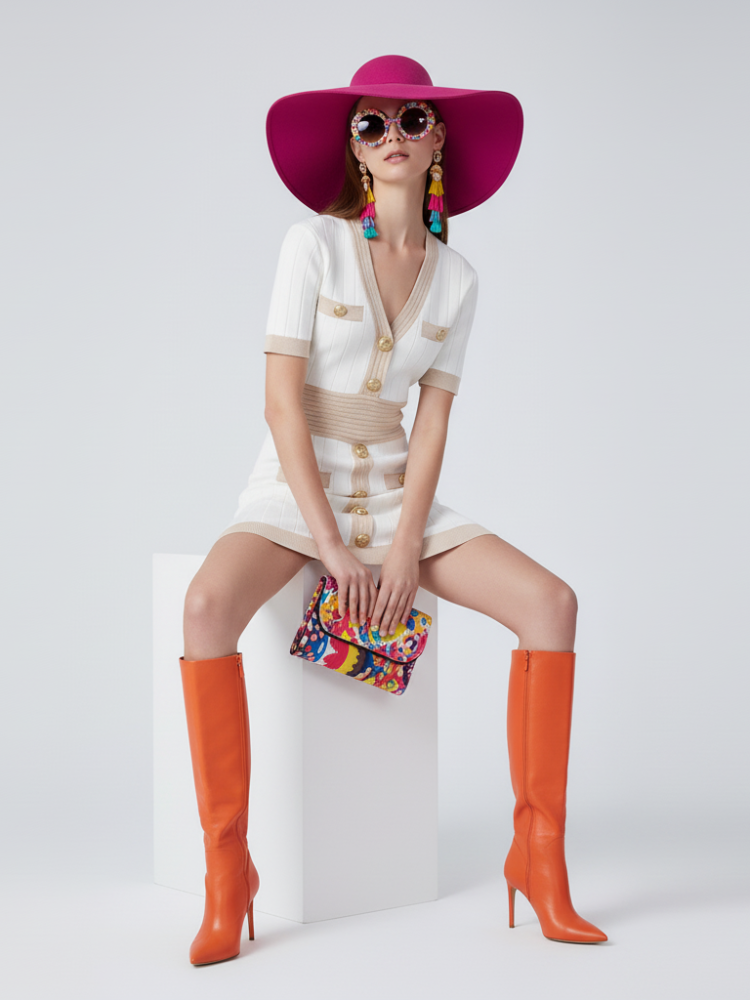 Ice Silk Knit Dress With Gold Buckle for Women, V-Neck, BYMANYC New York. Women's Fashion - Women's Clothing - Dress - Half-Sleeve Dress