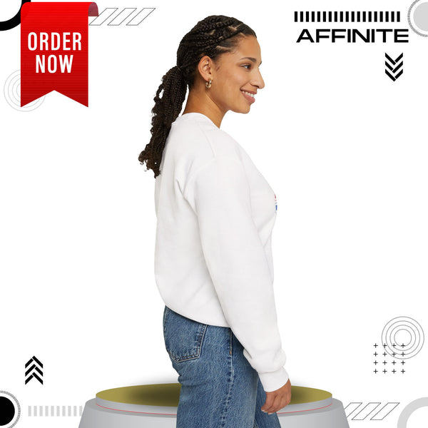 Woman wearing sweatshirt with 'Order Now' CTA and Affinite branding