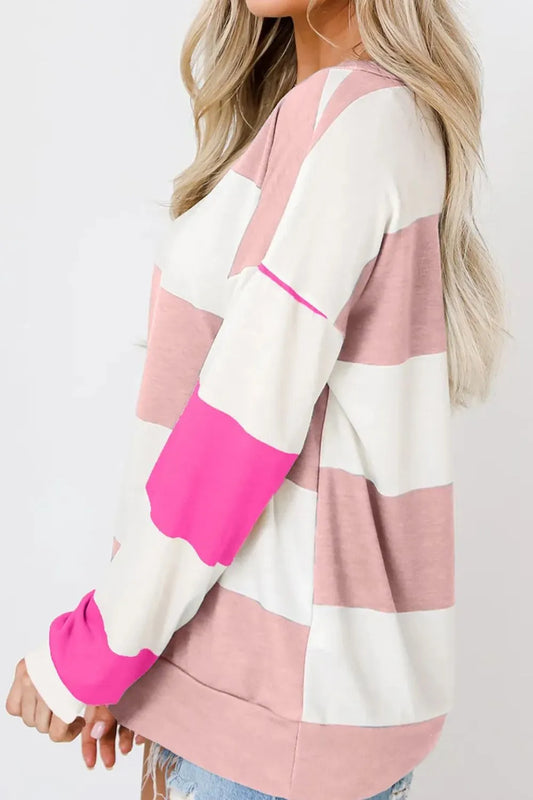 Long-sleeve Contrast Color Block Long Sleeve Top | Striped Round Neck Pullover