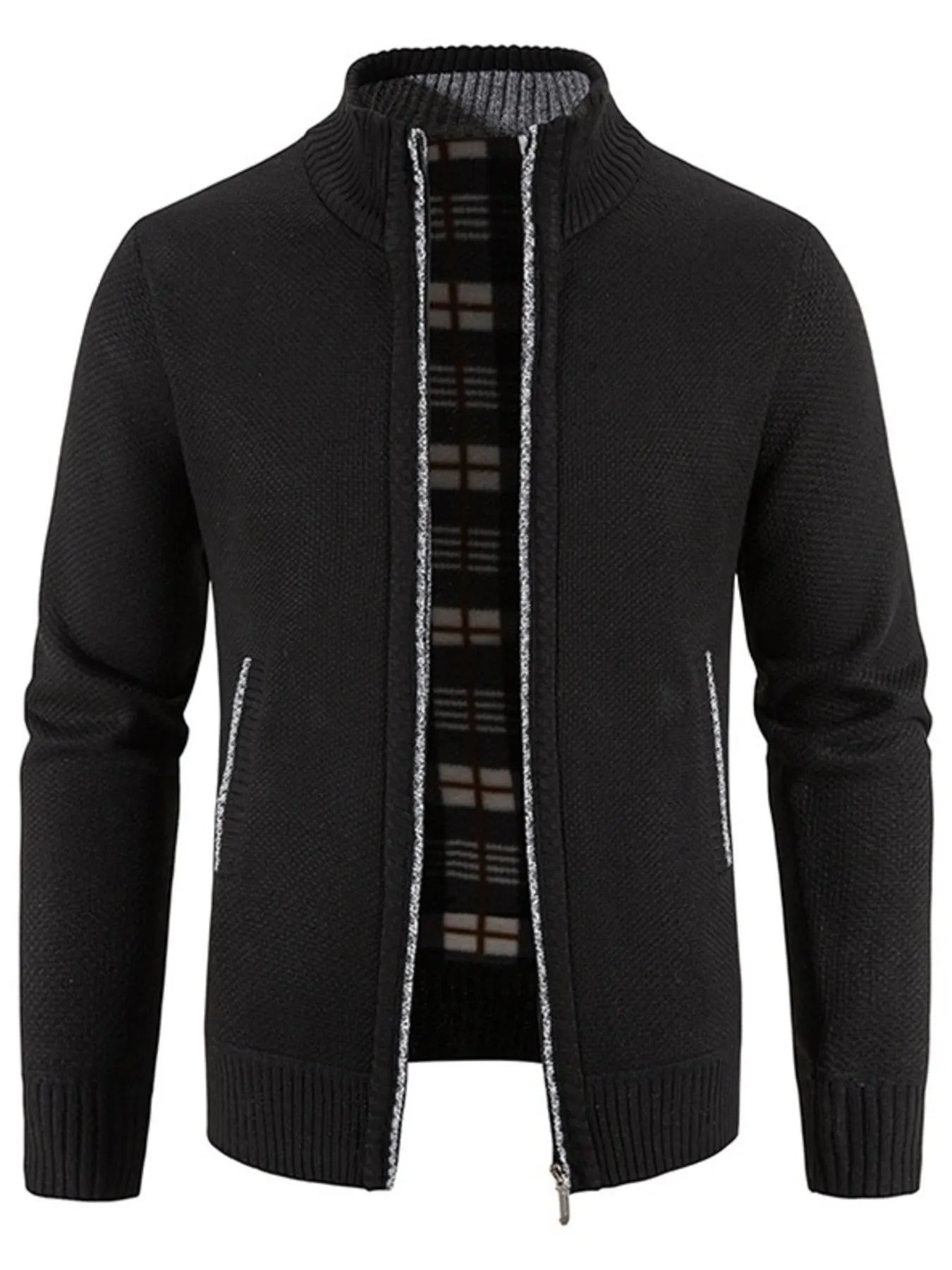 Men's Plus Size Zip-Up Sweater Cardigan with Stand Collar Black Cardigan