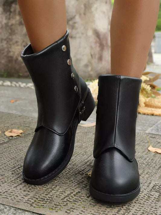 Boots Buckle Block Heels Boots | Women's Adjustable Strap Boots with Mid Heel