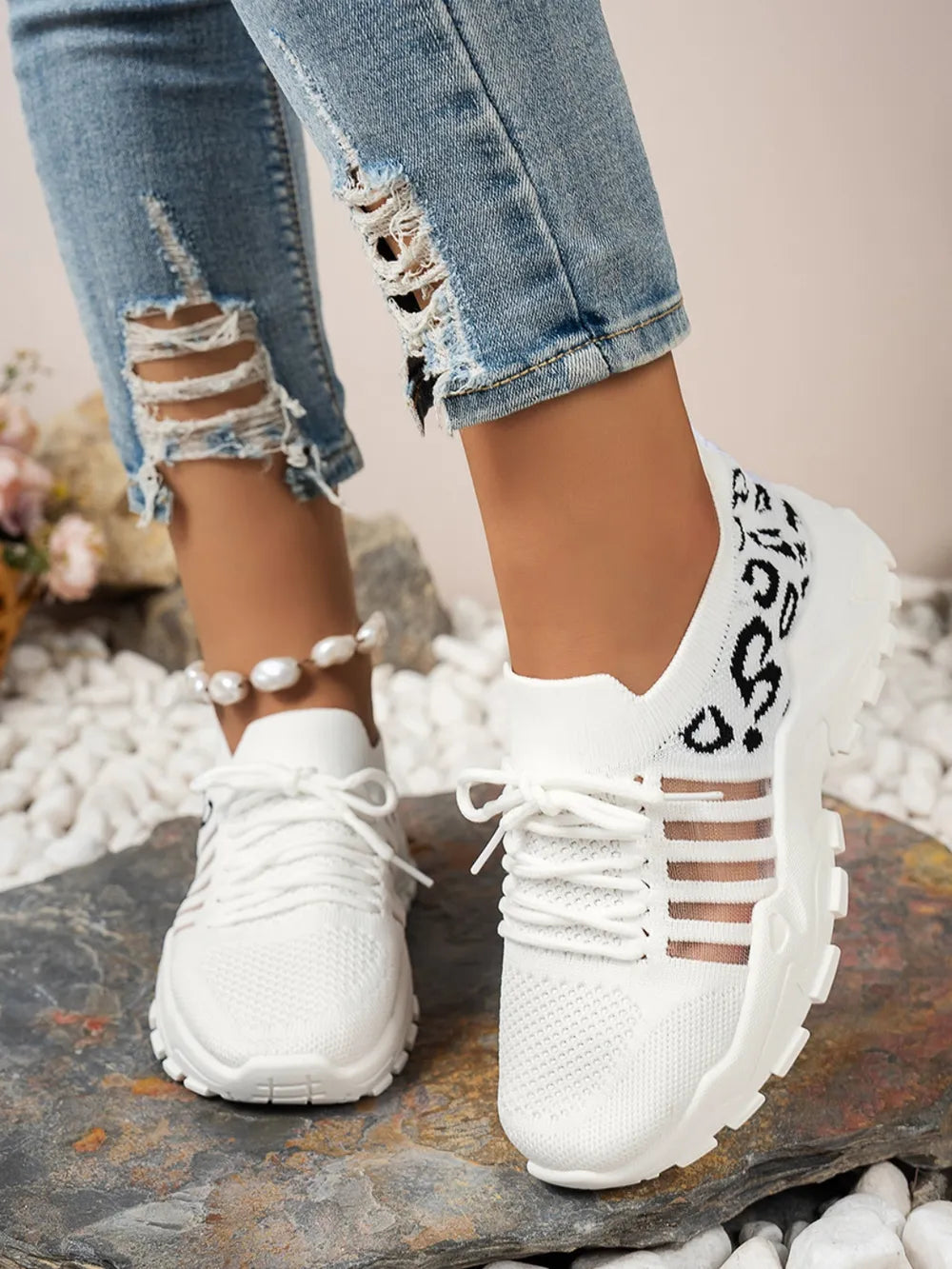 Mesh Athletic Shoes Cutout Leopard Lace Up Mesh Athletic Shoes – Leopard Athletic Shoes White