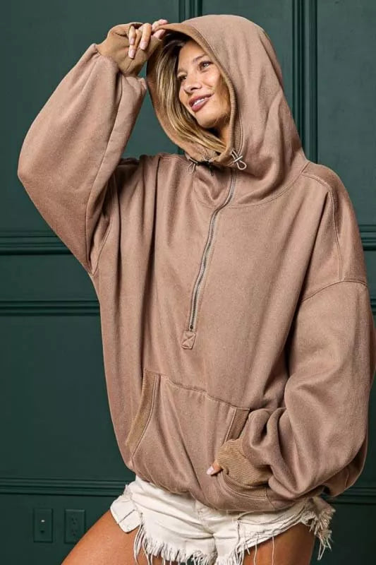 BiBi Stitch Detailed Elastic Hem Half Zip Fleece Hoodie Hoodie