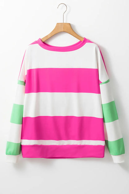 Long-sleeve Contrast Color Block Long Sleeve Top | Striped Round Neck Pullover