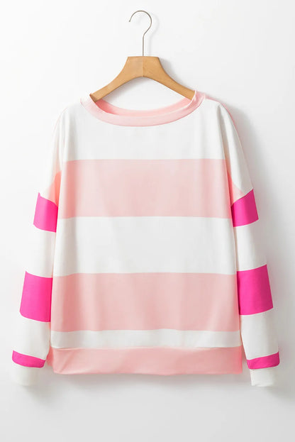 Long-sleeve Contrast Color Block Long Sleeve Top | Striped Round Neck Pullover