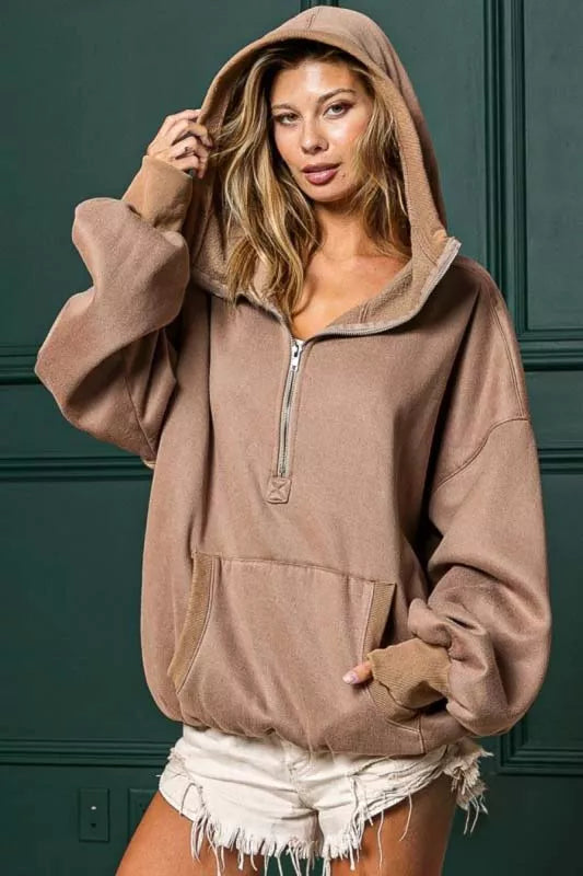 BiBi Stitch Detailed Elastic Hem Half Zip Fleece Hoodie MOCHA Hoodie